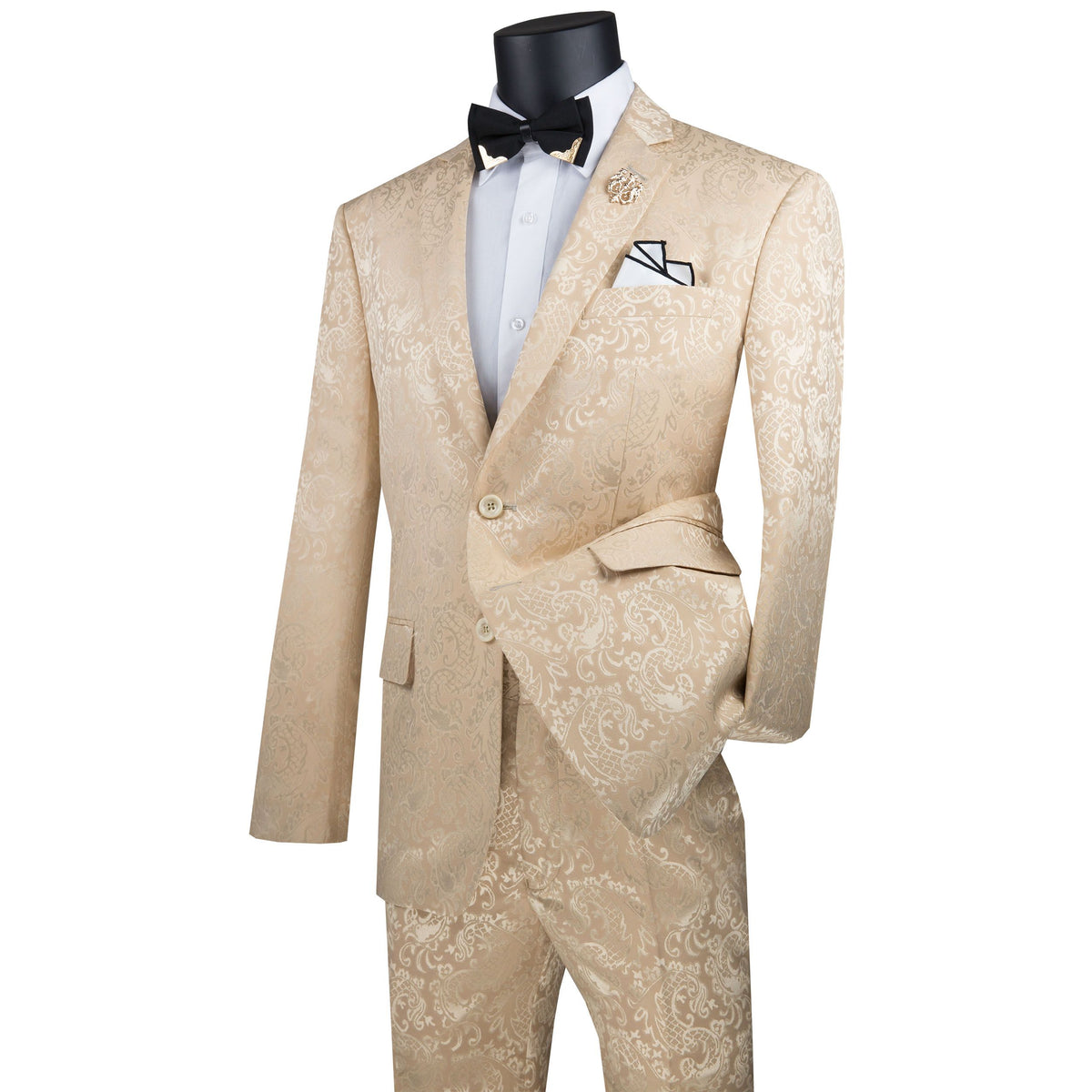 Textured Tonal Paisley Slim-Fit Suit in Champagne Beige