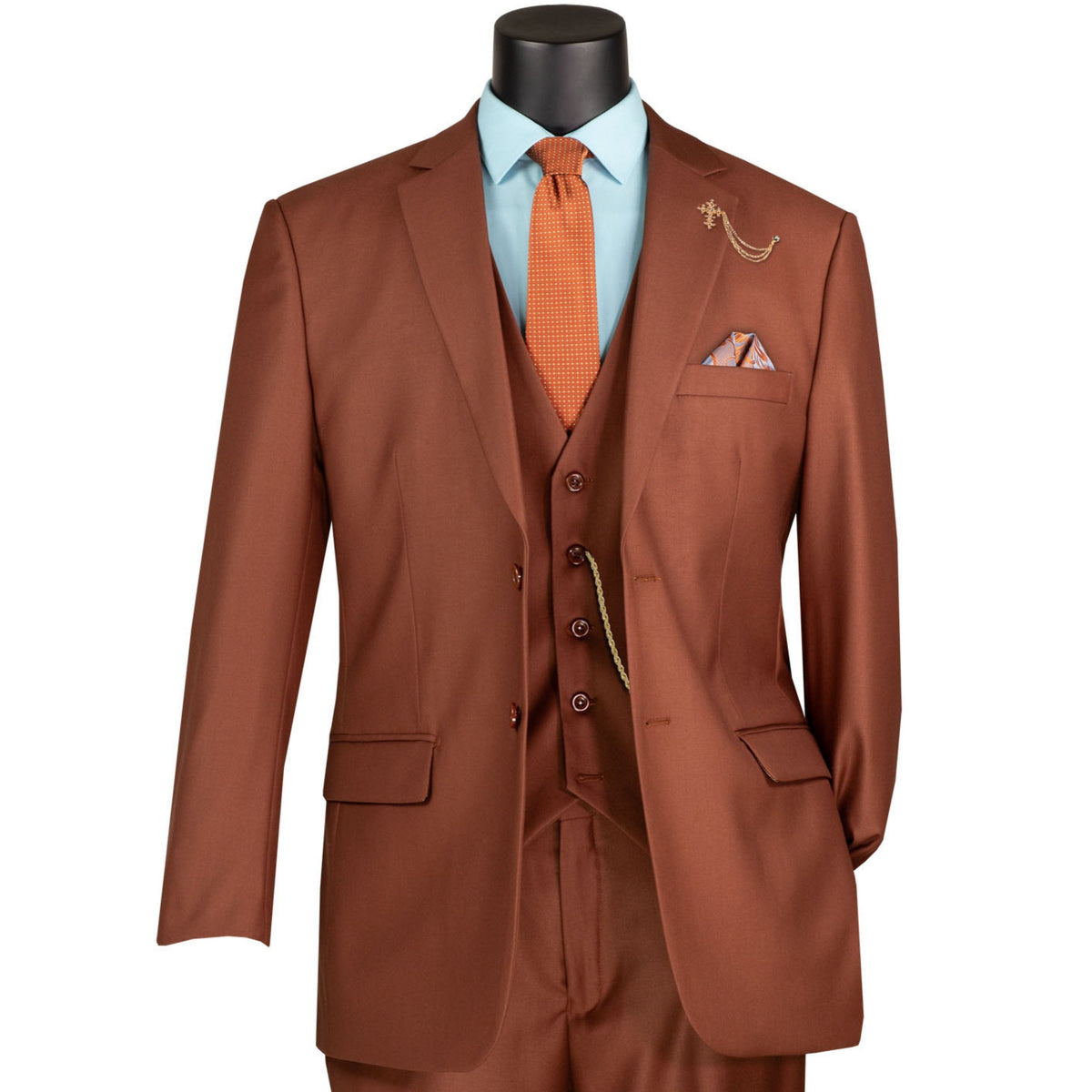 3 Piece 2 Button Classic Fit Suit w/ Flexible Waistband in Cognac