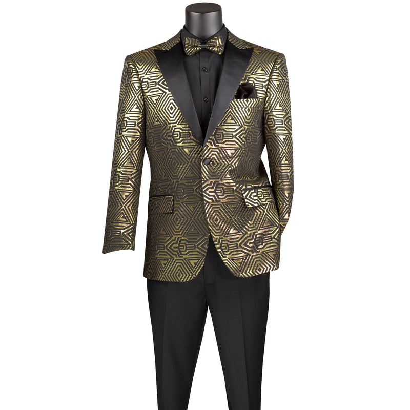 Geometric Jacquard Modern-Fit Metallic Tuxedo Jacket in Gold