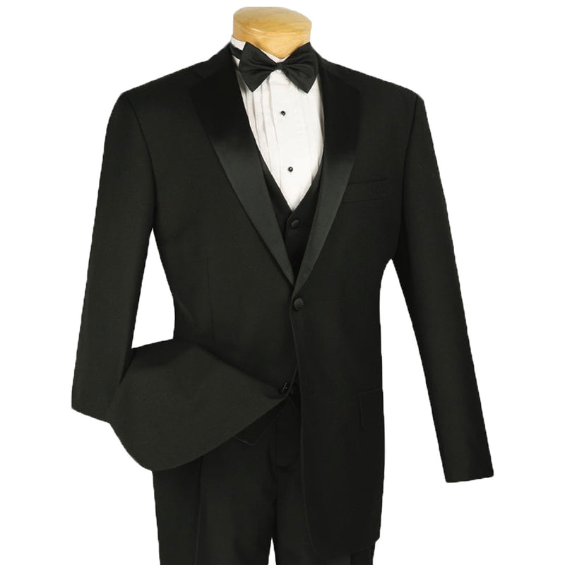 VINCI Men's Black 4pc Tuxedo with Sateen Lapel and Trim, including Bow Tie. Features fully lined jacket, matching vest, pleated pants, and bow tie for a complete, elegant formal look. Shop at Fashion House Inc. (FH Menswear).