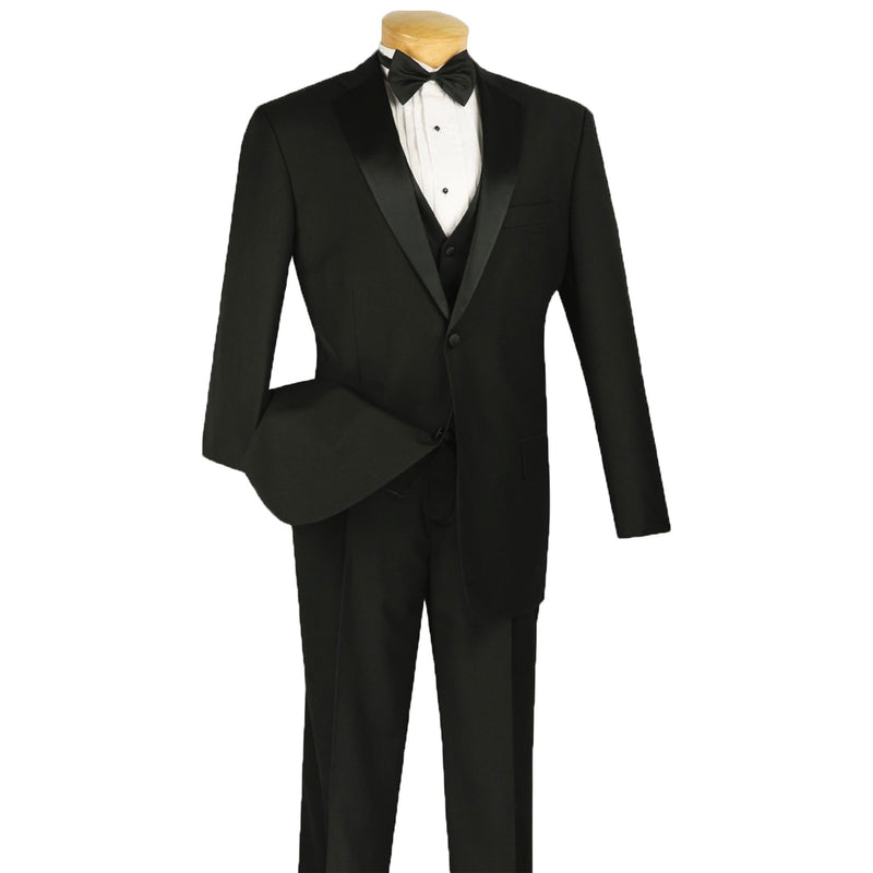 VINCI Men's Black 4pc Tuxedo with Sateen Lapel and Trim, including Bow Tie. Features fully lined jacket, matching vest, pleated pants, and bow tie for a complete, elegant formal look. Shop at Fashion House Inc. (FH Menswear).