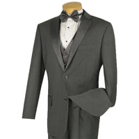 VINCI Men's Gray 4pc Tuxedo with Sateen Lapel and Trim, including Bow Tie. Features fully lined jacket, matching vest, pleated pants, and bow tie for a complete, elegant formal look. Shop at Fashion House Inc. (FH Menswear).