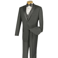 VINCI Men's Gray 4pc Tuxedo with Sateen Lapel and Trim, including Bow Tie. Features fully lined jacket, matching vest, pleated pants, and bow tie for a complete, elegant formal look. Shop at Fashion House Inc. (FH Menswear).