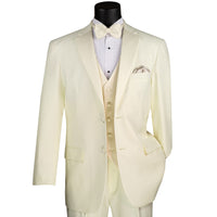 VINCI Men's Ivory 4pc Tuxedo with Sateen Lapel and Trim, including Bow Tie. Features fully lined jacket, matching vest, pleated pants, and bow tie for a complete, elegant formal look. Shop at Fashion House Inc. (FH Menswear).