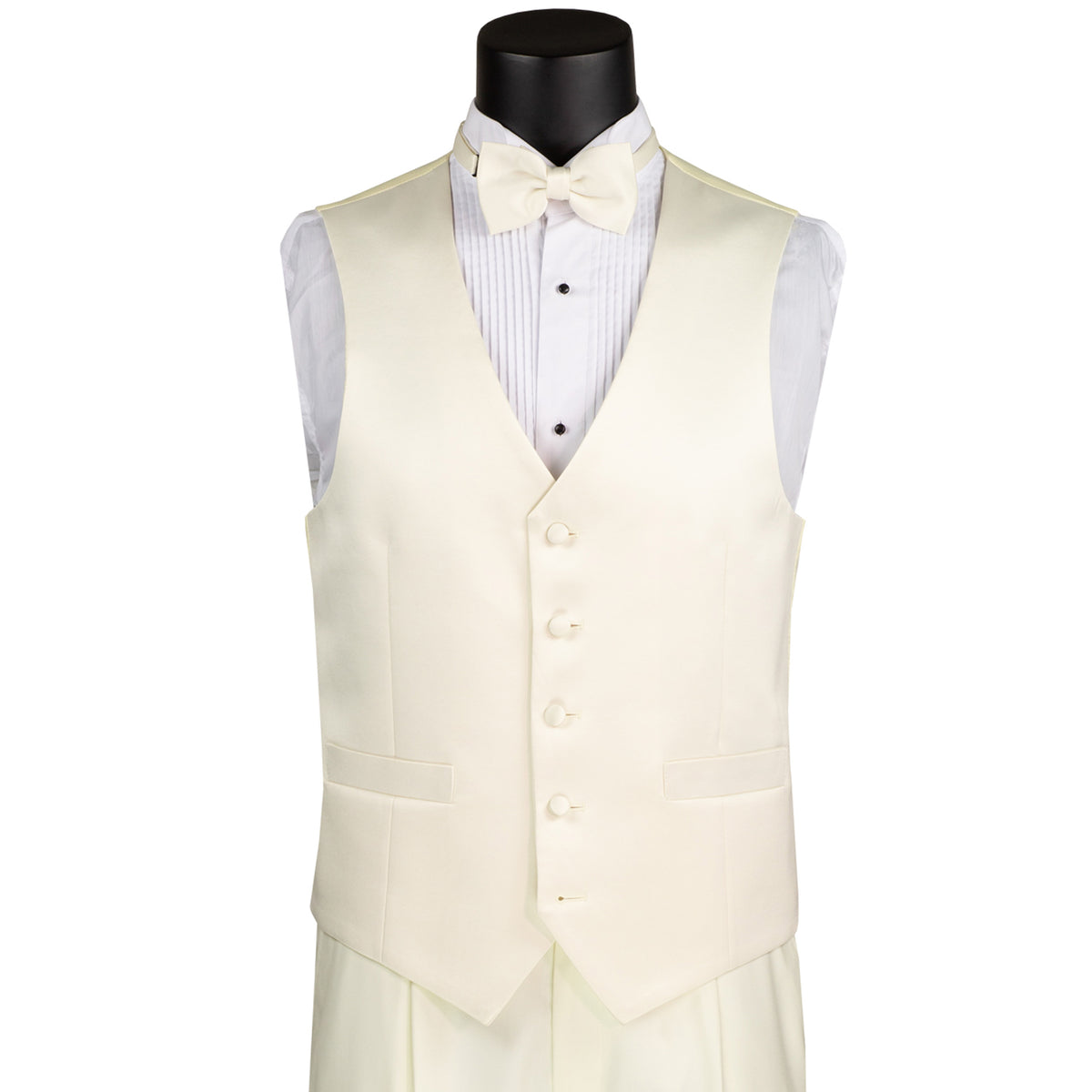 VINCI Men's Ivory 4pc Tuxedo with Sateen Lapel and Trim, including Bow Tie. Features fully lined jacket, matching vest, pleated pants, and bow tie for a complete, elegant formal look. Shop at Fashion House Inc. (FH Menswear).