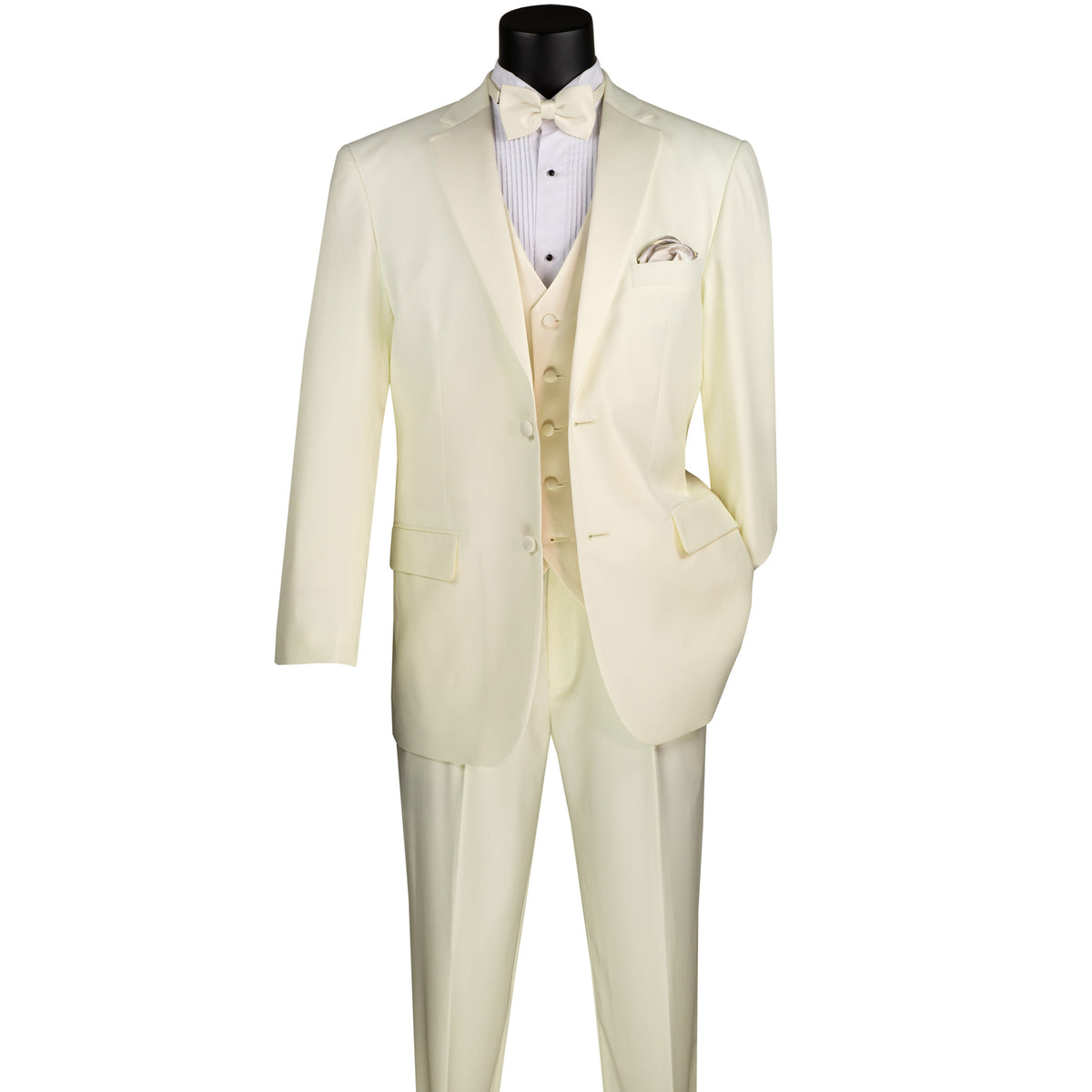 VINCI Men's Ivory 4pc Tuxedo with Sateen Lapel and Trim, including Bow Tie. Features fully lined jacket, matching vest, pleated pants, and bow tie for a complete, elegant formal look. Shop at Fashion House Inc. (FH Menswear).