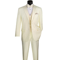 VINCI Men's Ivory 4pc Tuxedo with Sateen Lapel and Trim, including Bow Tie. Features fully lined jacket, matching vest, pleated pants, and bow tie for a complete, elegant formal look. Shop at Fashion House Inc. (FH Menswear).