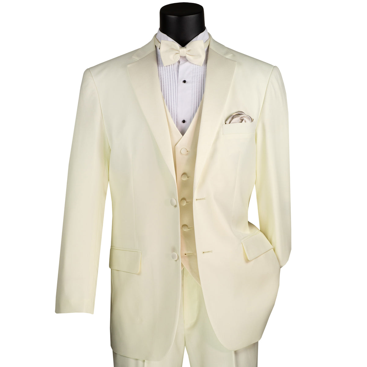 VINCI Men's Ivory 4pc Tuxedo with Sateen Lapel, Trim, Adjustable Waist, and Bow Tie - NEW. Includes fully lined jacket, sateen-front vest, flat-front adjustable pants, and bow tie for an elegant, custom-fit formal ensemble. Available at Fashion House Inc. (FH Menswear)