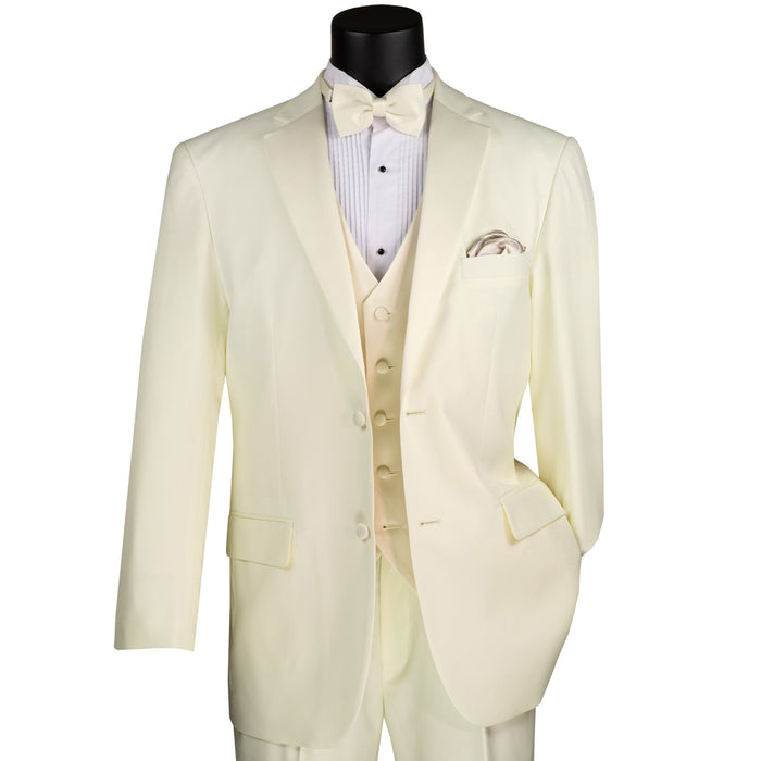 VINCI Men's Ivory 4pc Tuxedo with Sateen Lapel, Trim, Adjustable Waist, and Bow Tie - NEW. Includes fully lined jacket, sateen-front vest, flat-front adjustable pants, and bow tie for an elegant, custom-fit formal ensemble. Available at Fashion House Inc. (FH Menswear)