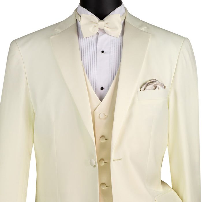 VINCI Men's Ivory 4pc Tuxedo with Sateen Lapel, Trim, Adjustable Waist, and Bow Tie - NEW. Includes fully lined jacket, sateen-front vest, flat-front adjustable pants, and bow tie for an elegant, custom-fit formal ensemble. Available at Fashion House Inc. (FH Menswear)