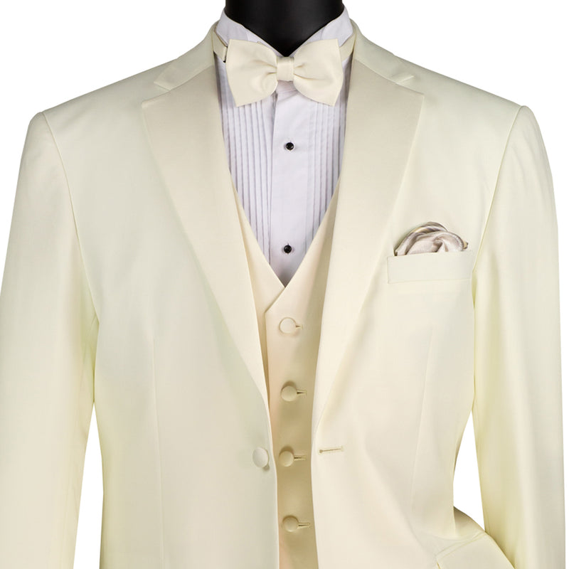 VINCI Men's Ivory 4pc Tuxedo with Sateen Lapel, Trim, Adjustable Waist, and Bow Tie - NEW. Includes fully lined jacket, sateen-front vest, flat-front adjustable pants, and bow tie for an elegant, custom-fit formal ensemble. Available at Fashion House Inc. (FH Menswear)