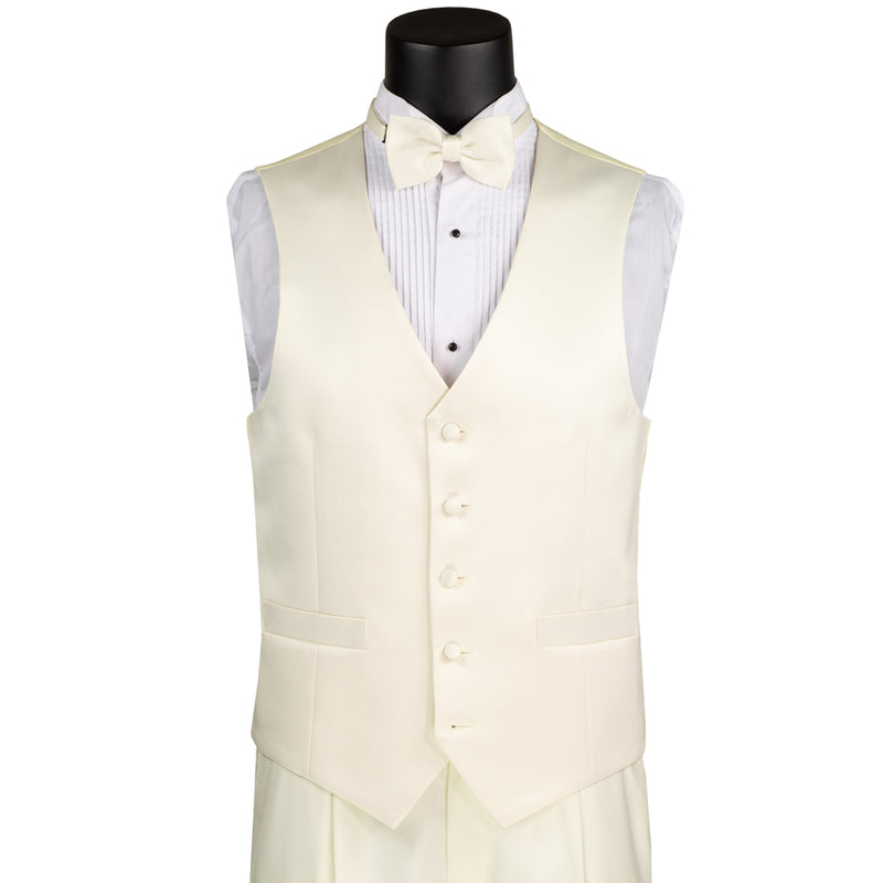 VINCI Men's Ivory 4pc Tuxedo with Sateen Lapel, Trim, Adjustable Waist, and Bow Tie - NEW. Includes fully lined jacket, sateen-front vest, flat-front adjustable pants, and bow tie for an elegant, custom-fit formal ensemble. Available at Fashion House Inc. (FH Menswear)