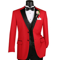 VINCI Men's Red 4pc Tuxedo with Sateen Lapel, Trim, Adjustable Waist, and Bow Tie - NEW. Includes fully lined jacket, sateen-front vest, flat-front adjustable pants, and bow tie for an elegant, custom-fit formal ensemble. Available at Fashion House Inc. (FH Menswear)