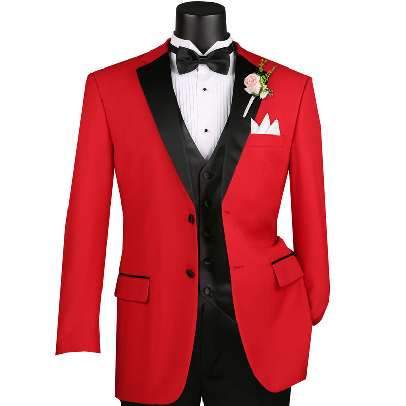 VINCI Men's Red 4pc Tuxedo with Sateen Lapel, Trim, Adjustable Waist, and Bow Tie - NEW. Includes fully lined jacket, sateen-front vest, flat-front adjustable pants, and bow tie for an elegant, custom-fit formal ensemble. Available at Fashion House Inc. (FH Menswear)