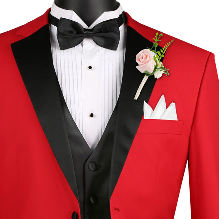 VINCI Men's Red 4pc Tuxedo with Sateen Lapel, Trim, Adjustable Waist, and Bow Tie - NEW. Includes fully lined jacket, sateen-front vest, flat-front adjustable pants, and bow tie for an elegant, custom-fit formal ensemble. Available at Fashion House Inc. (FH Menswear)