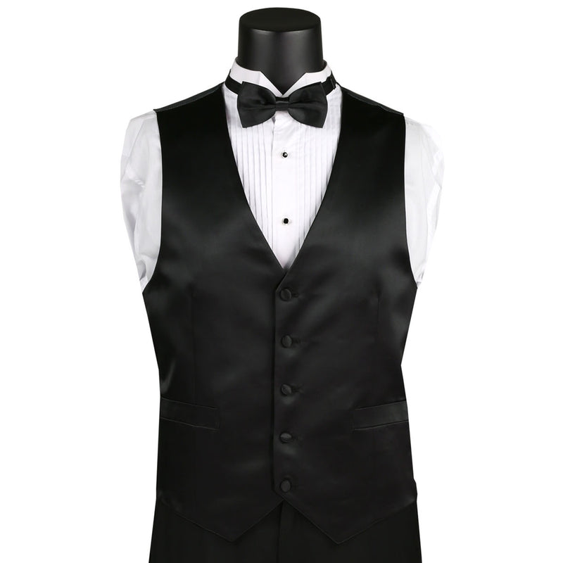 VINCI Men's Red 4pc Tuxedo with Sateen Lapel, Trim, Adjustable Waist, and Bow Tie - NEW. Includes fully lined jacket, sateen-front vest, flat-front adjustable pants, and bow tie for an elegant, custom-fit formal ensemble. Available at Fashion House Inc. (FH Menswear)
