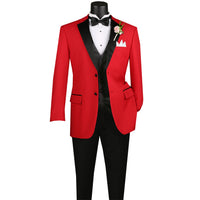 VINCI Men's Red 4pc Tuxedo with Sateen Lapel, Trim, Adjustable Waist, and Bow Tie - NEW. Includes fully lined jacket, sateen-front vest, flat-front adjustable pants, and bow tie for an elegant, custom-fit formal ensemble. Available at Fashion House Inc. (FH Menswear)