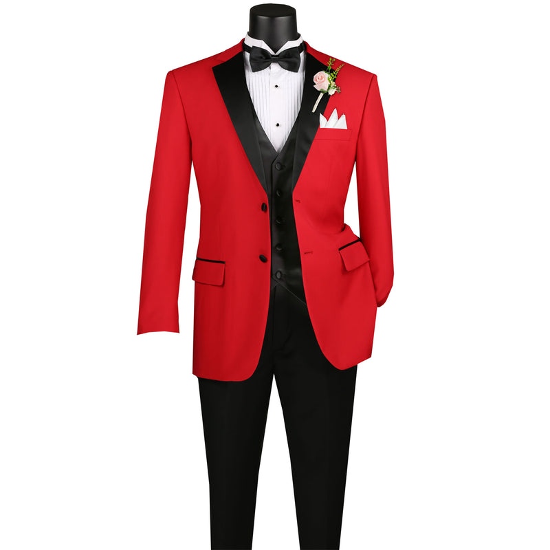 VINCI Men's Red 4pc Tuxedo with Sateen Lapel, Trim, Adjustable Waist, and Bow Tie - NEW. Includes fully lined jacket, sateen-front vest, flat-front adjustable pants, and bow tie for an elegant, custom-fit formal ensemble. Available at Fashion House Inc. (FH Menswear)