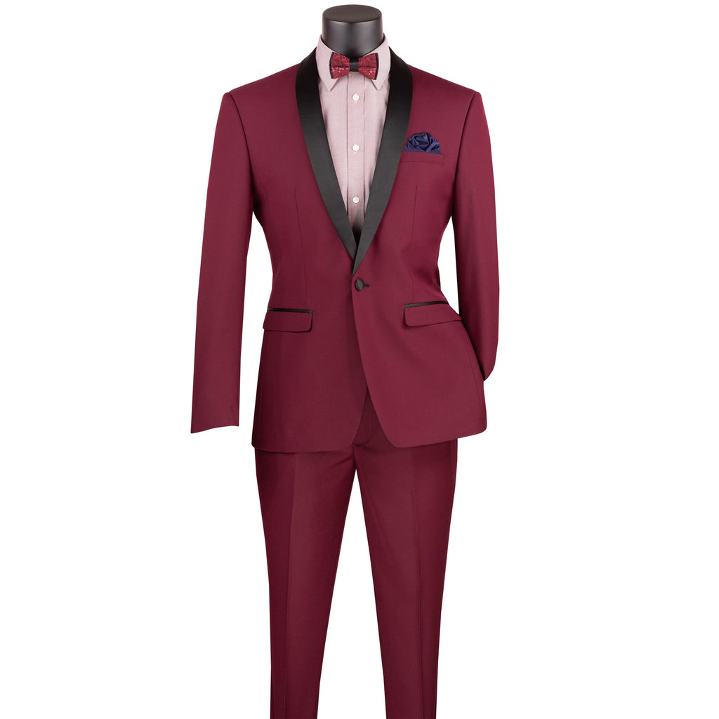 Burgundy Sharkskin Tuxedo Suit - Slim Fit, Vested, White Piping for M Burgundy Sharkskin Tuxedo Suit - Slim Fit, Vested, White Piping for M