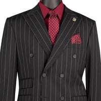 Wide Striped Double Breasted Regular Fit Suit w/ Adjustable Waistband in Black