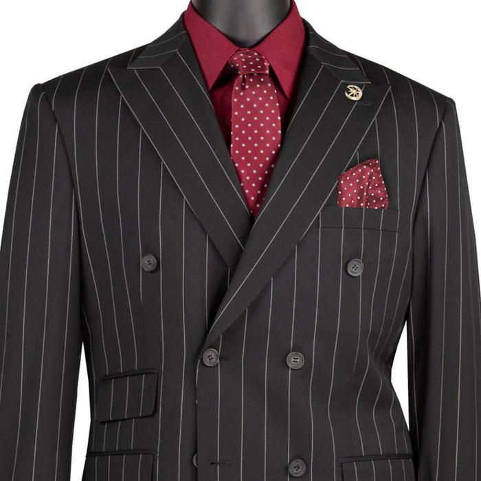 Wide Striped Double Breasted Regular Fit Suit w/ Adjustable Waistband in Black