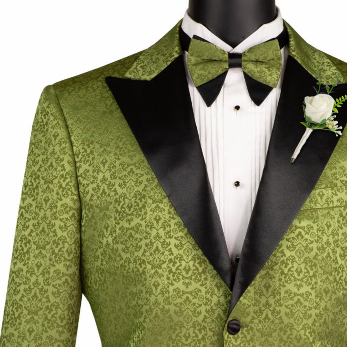 Floral Jacquard 2 Button Reg Fit Tuxedo Jacket in Pesto Green