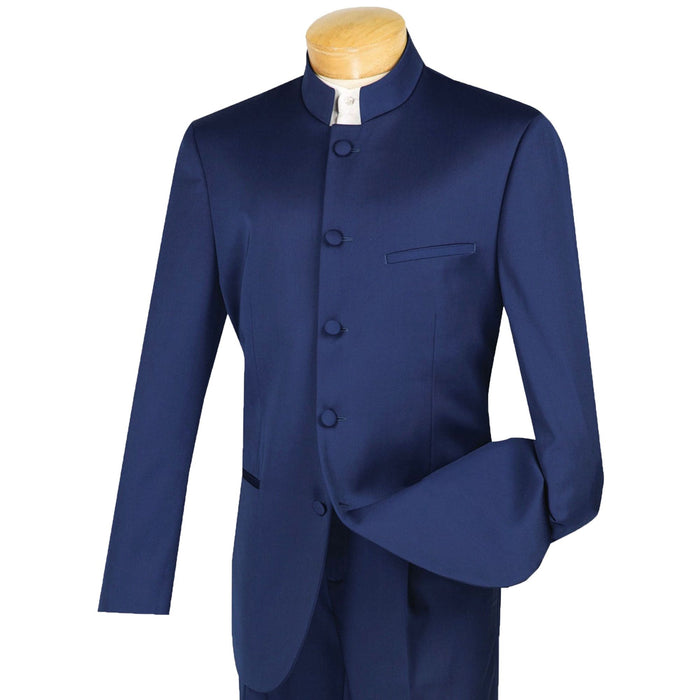 Banded Collar Classic-Fit Tuxedo Suit in Navy Blue