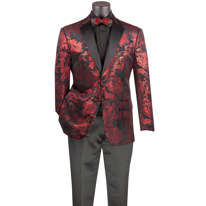 Paisley Embossed Modern-Fit Tuxedo Jacket in Red & Black