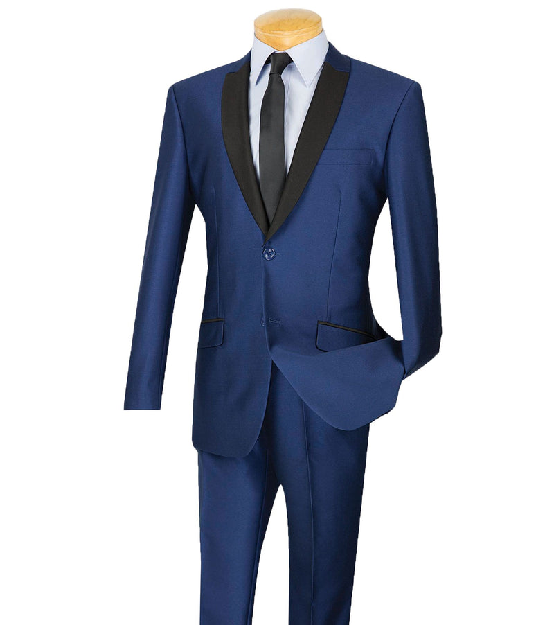 Sharkskin Shawl-Lapel Slim-Fit Tuxedo in Navy Blue