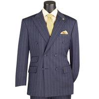Wide Striped Double Breasted Regular Fit Suit w/ Adjustable Waistband in Denim Blue