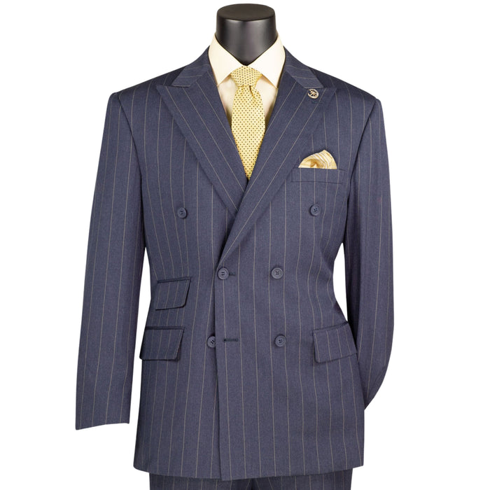 Wide Striped Double Breasted Regular Fit Suit w/ Adjustable Waistband in Denim Blue