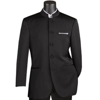 VINCI Men's Black 5-Button Classic-Fit Tuxedo with Banded Collar - NEW. Elegant Mandarin collar, fully lined jacket, and single-pleated pants ready for custom tailoring. Ideal for standout style at formal events. Available at Fashion House Inc. (FH Menswear)