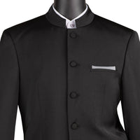 VINCI Men's Black 5-Button Classic-Fit Tuxedo with Banded Collar - NEW. Elegant Mandarin collar, fully lined jacket, and single-pleated pants ready for custom tailoring. Ideal for standout style at formal events. Available at Fashion House Inc. (FH Menswear)