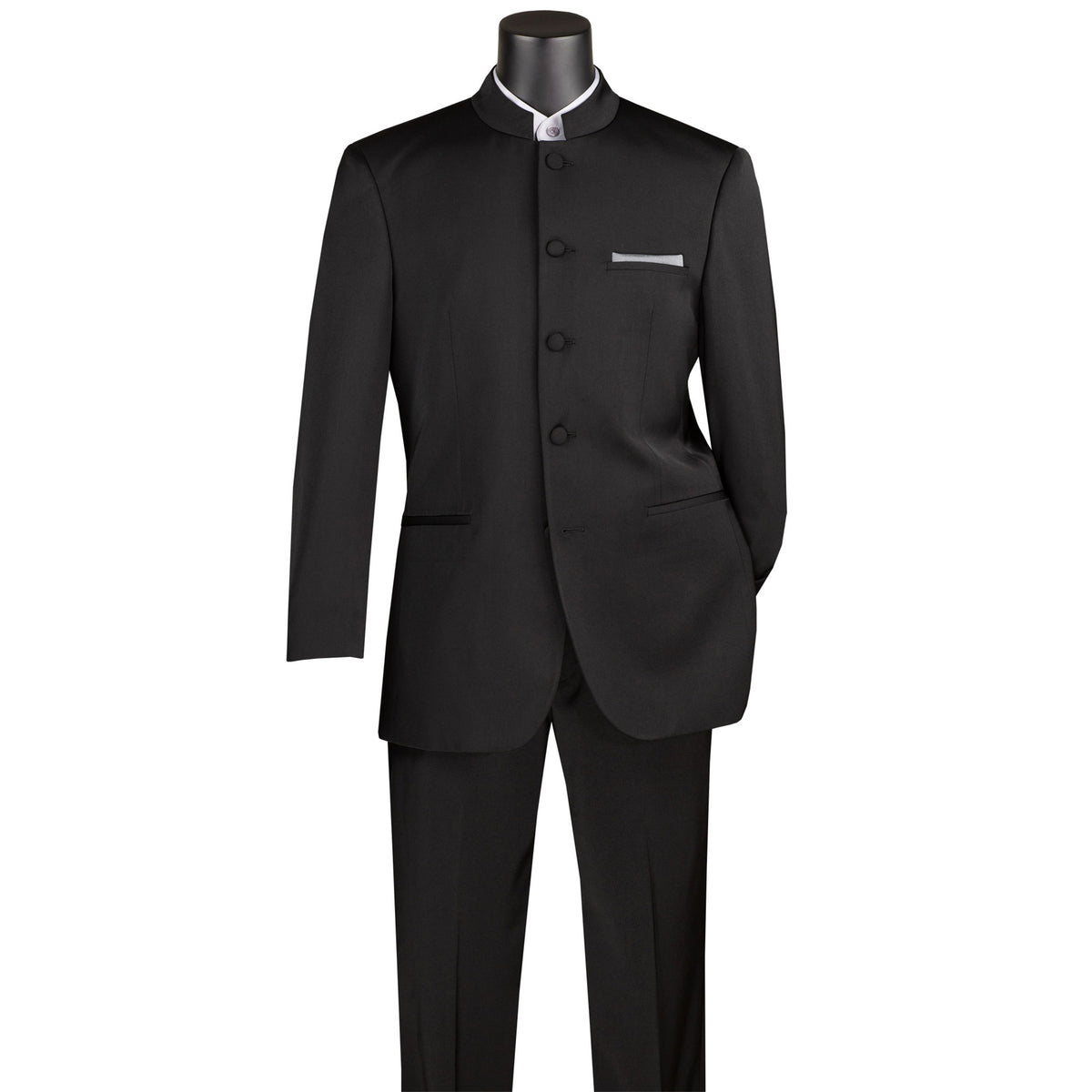 VINCI Men's Black 5-Button Classic-Fit Tuxedo with Banded Collar - NEW. Elegant Mandarin collar, fully lined jacket, and single-pleated pants ready for custom tailoring. Ideal for standout style at formal events. Available at Fashion House Inc. (FH Menswear)