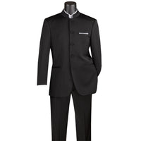 VINCI Men's Black 5-Button Classic-Fit Tuxedo with Banded Collar - NEW. Elegant Mandarin collar, fully lined jacket, and single-pleated pants ready for custom tailoring. Ideal for standout style at formal events. Available at Fashion House Inc. (FH Menswear)