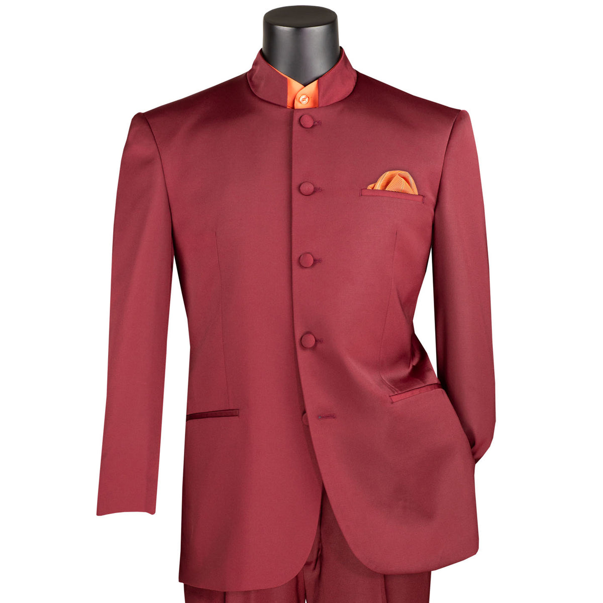 VINCI Men's Burgundy 5-Button Classic-Fit Tuxedo with Banded Collar - NEW. Elegant Mandarin collar, fully lined jacket, and single-pleated pants ready for custom tailoring. Ideal for standout style at formal events. Available at Fashion House Inc. (FH Menswear)