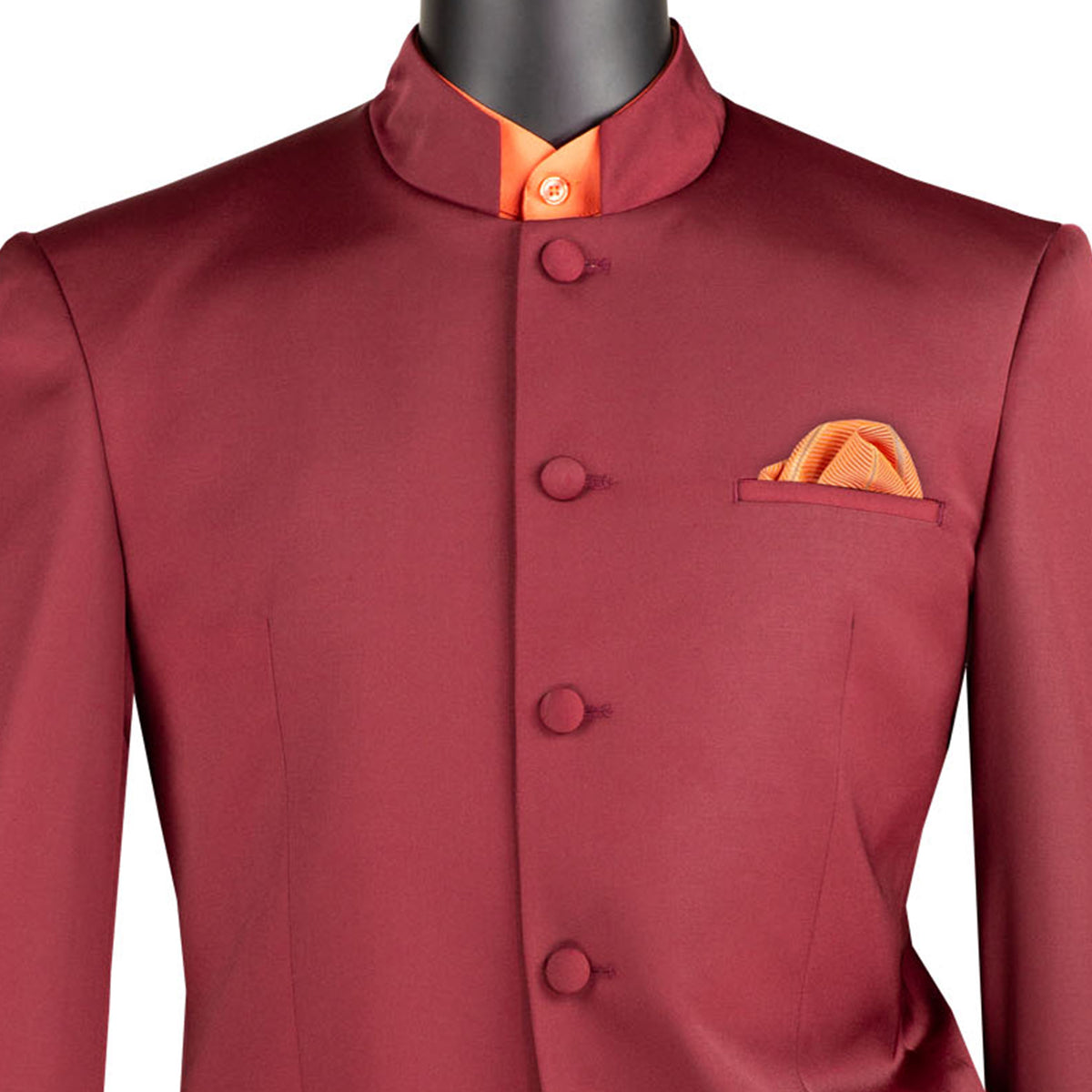 VINCI Men's Burgundy 5-Button Classic-Fit Tuxedo with Banded Collar - NEW. Elegant Mandarin collar, fully lined jacket, and single-pleated pants ready for custom tailoring. Ideal for standout style at formal events. Available at Fashion House Inc. (FH Menswear)