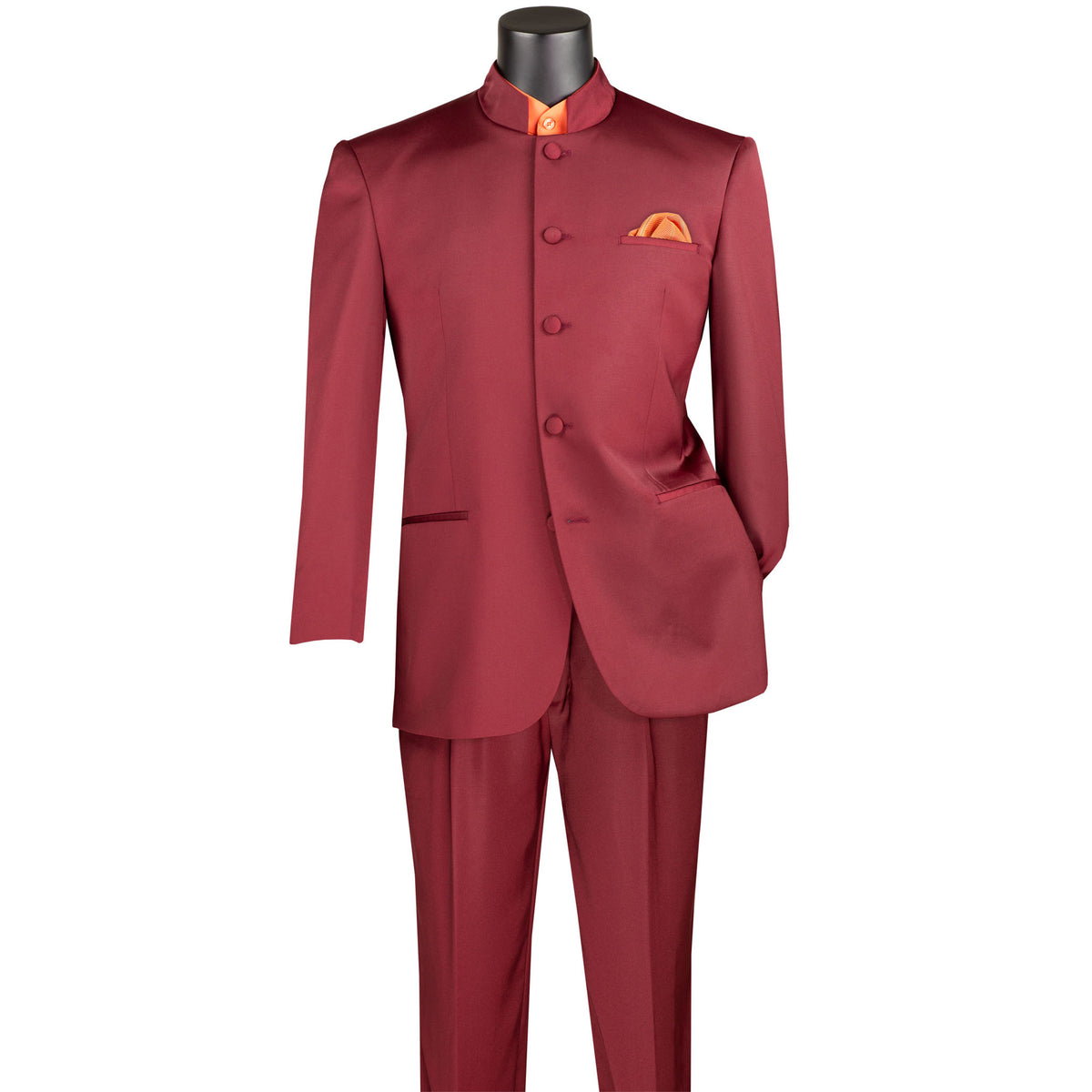 VINCI Men's Burgundy 5-Button Classic-Fit Tuxedo with Banded Collar - NEW. Elegant Mandarin collar, fully lined jacket, and single-pleated pants ready for custom tailoring. Ideal for standout style at formal events. Available at Fashion House Inc. (FH Menswear)