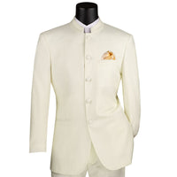 VINCI Men's Ivory 5-Button Classic-Fit Tuxedo with Banded Collar - NEW. Elegant Mandarin collar, fully lined jacket, and single-pleated pants ready for custom tailoring. Ideal for standout style at formal events. Available at Fashion House Inc. (FH Menswear)