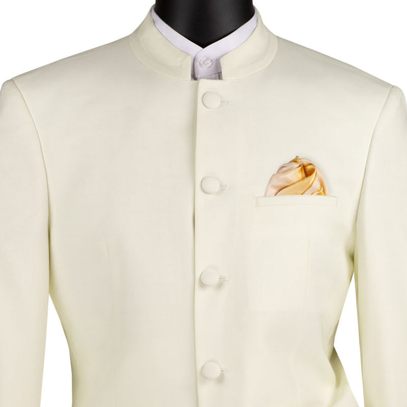 VINCI Men's Ivory 5-Button Classic-Fit Tuxedo with Banded Collar - NEW. Elegant Mandarin collar, fully lined jacket, and single-pleated pants ready for custom tailoring. Ideal for standout style at formal events. Available at Fashion House Inc. (FH Menswear)