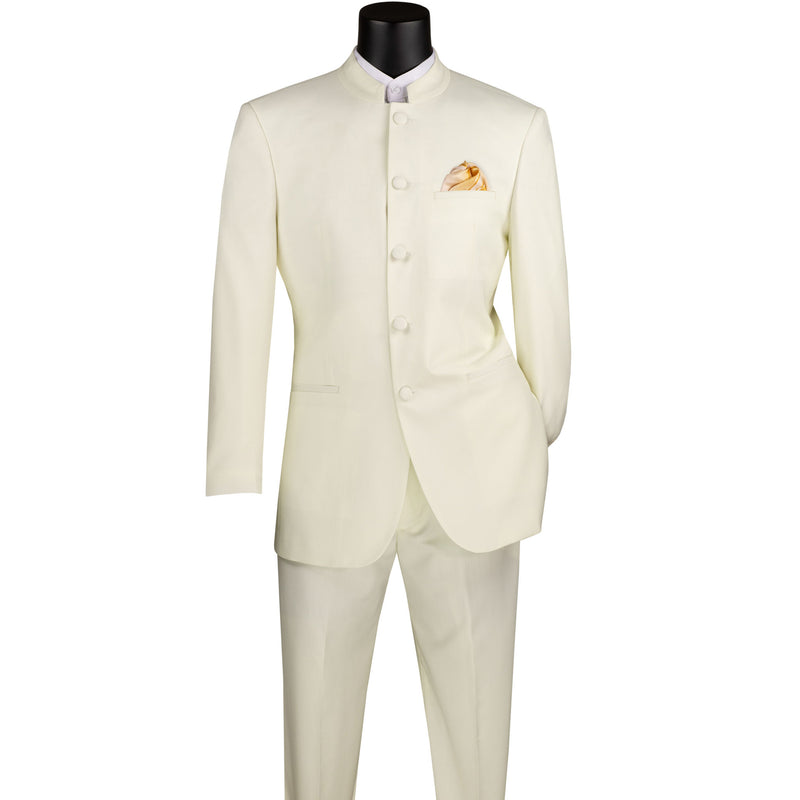 VINCI Men's Ivory 5-Button Classic-Fit Tuxedo with Banded Collar - NEW. Elegant Mandarin collar, fully lined jacket, and single-pleated pants ready for custom tailoring. Ideal for standout style at formal events. Available at Fashion House Inc. (FH Menswear)