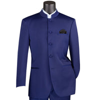 VINCI Men's Navy Blue 5-Button Classic-Fit Tuxedo with Banded Collar - NEW. Elegant Mandarin collar, fully lined jacket, and single-pleated pants ready for custom tailoring. Ideal for standout style at formal events. Available at Fashion House Inc. (FH Menswear)