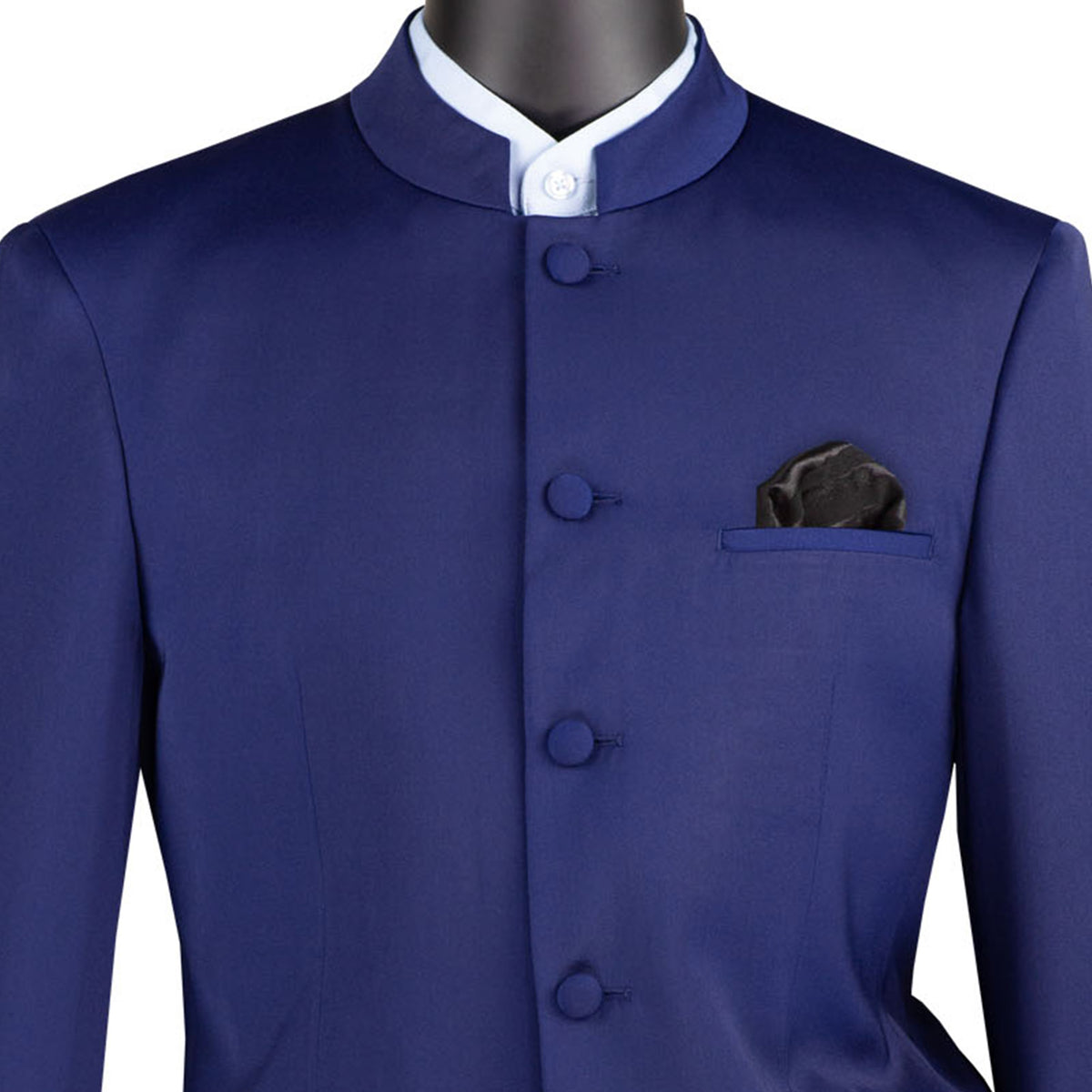 VINCI Men's Navy Blue 5-Button Classic-Fit Tuxedo with Banded Collar - NEW. Elegant Mandarin collar, fully lined jacket, and single-pleated pants ready for custom tailoring. Ideal for standout style at formal events. Available at Fashion House Inc. (FH Menswear)