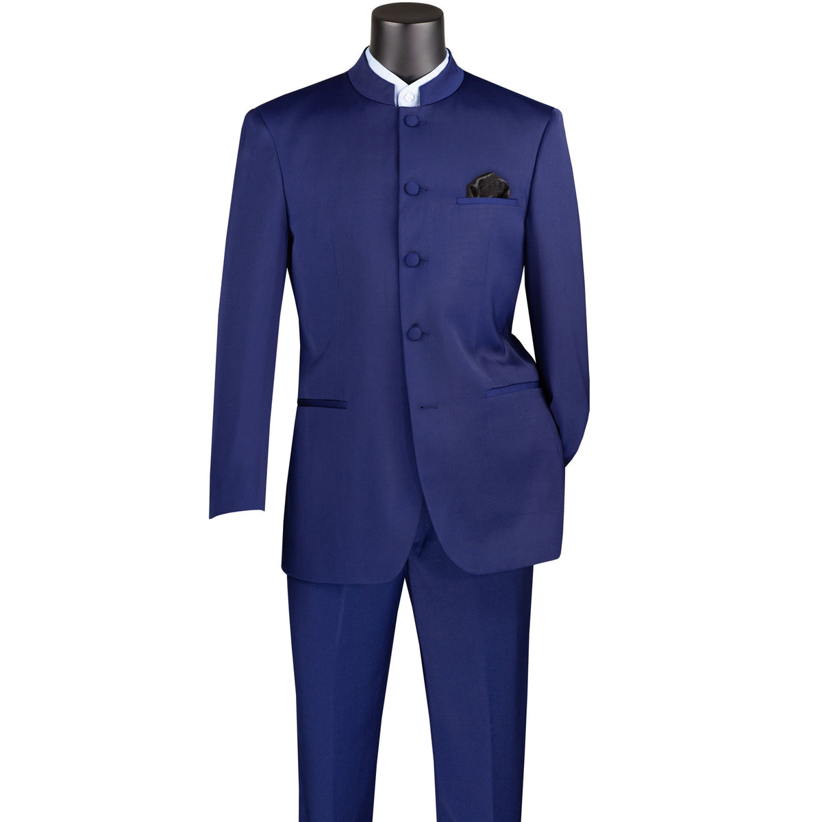 VINCI Men's Navy Blue 5-Button Classic-Fit Tuxedo with Banded Collar - NEW. Elegant Mandarin collar, fully lined jacket, and single-pleated pants ready for custom tailoring. Ideal for standout style at formal events. Available at Fashion House Inc. (FH Menswear)