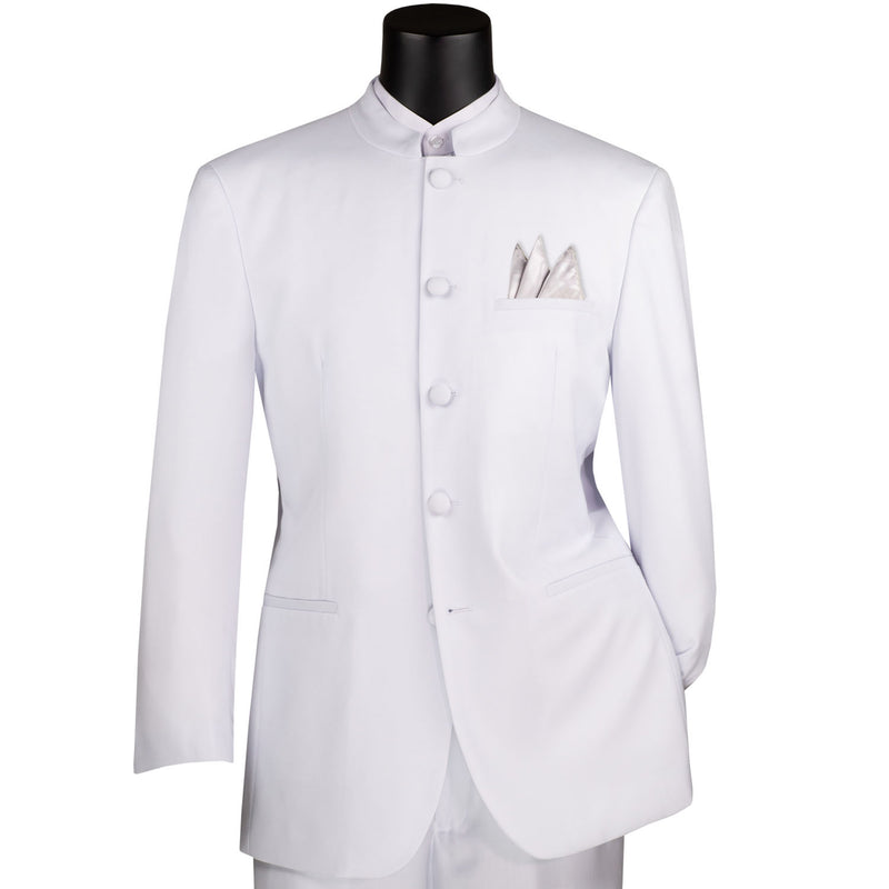 VINCI Men's White 5-Button Classic-Fit Tuxedo with Banded Collar - NEW. Elegant Mandarin collar, fully lined jacket, and single-pleated pants ready for custom tailoring. Ideal for standout style at formal events. Available at Fashion House Inc. (FH Menswear)