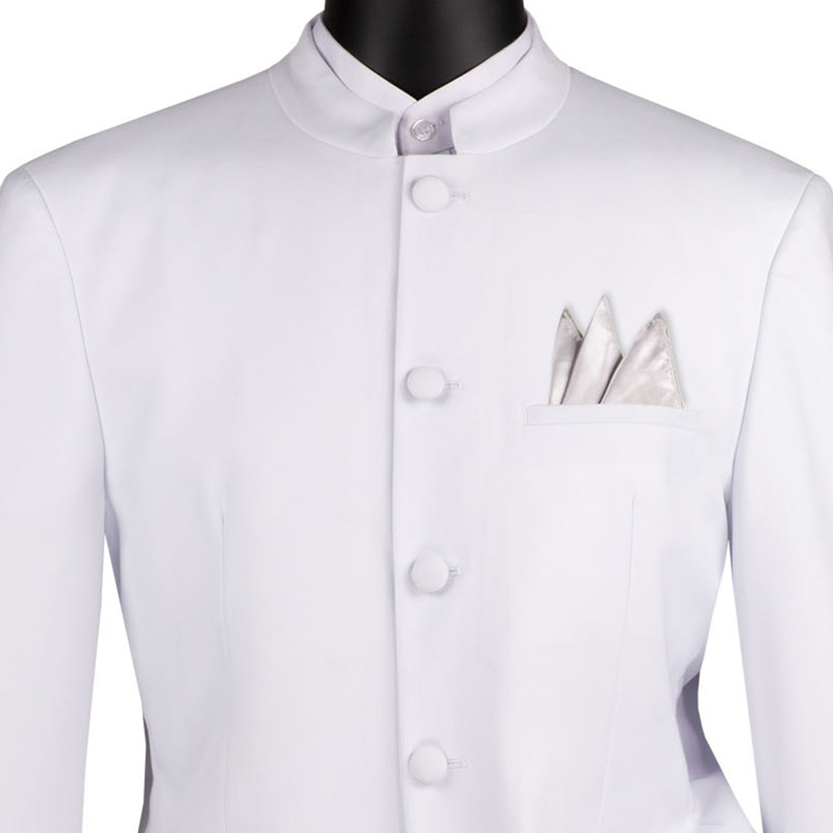 VINCI Men's White 5-Button Classic-Fit Tuxedo with Banded Collar - NEW. Elegant Mandarin collar, fully lined jacket, and single-pleated pants ready for custom tailoring. Ideal for standout style at formal events. Available at Fashion House Inc. (FH Menswear)