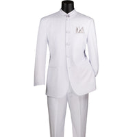 VINCI Men's White 5-Button Classic-Fit Tuxedo with Banded Collar - NEW. Elegant Mandarin collar, fully lined jacket, and single-pleated pants ready for custom tailoring. Ideal for standout style at formal events. Available at Fashion House Inc. (FH Menswear)