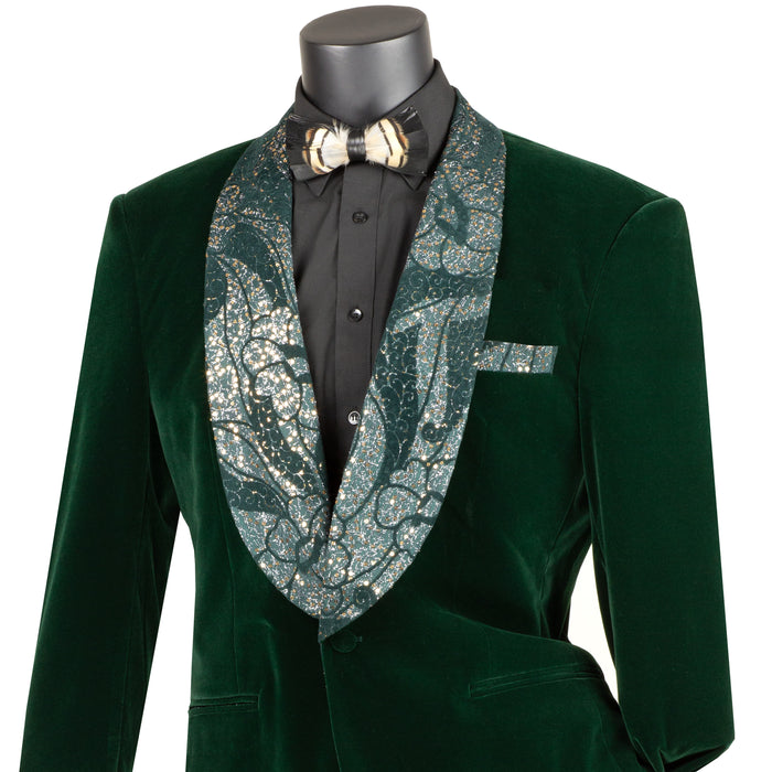 Velvet Blazer w/ Floral Shawl Collar & Cuff in Emerald Green