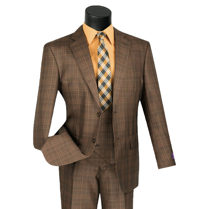 Sharkskin Glen Plaid 3-Piece Classic-Fit Suit in Chestnut Brown