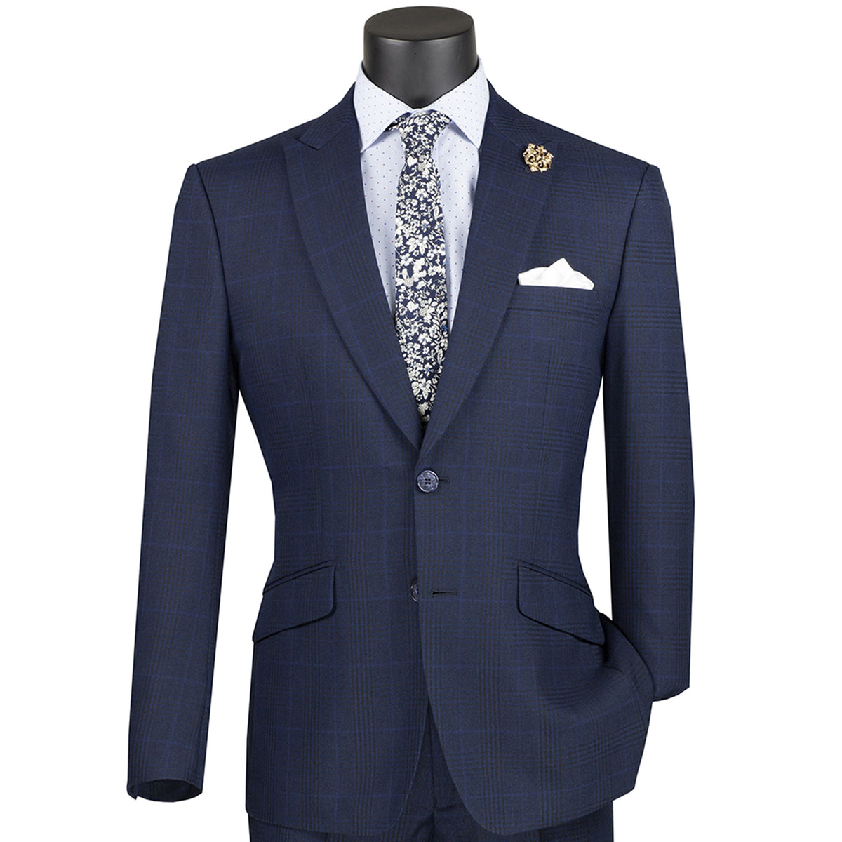 VINCI Men's Blue Glen Plaid 3-Piece Suit | Peak Lapel | Modern Fit | Poly-Rayon Blend